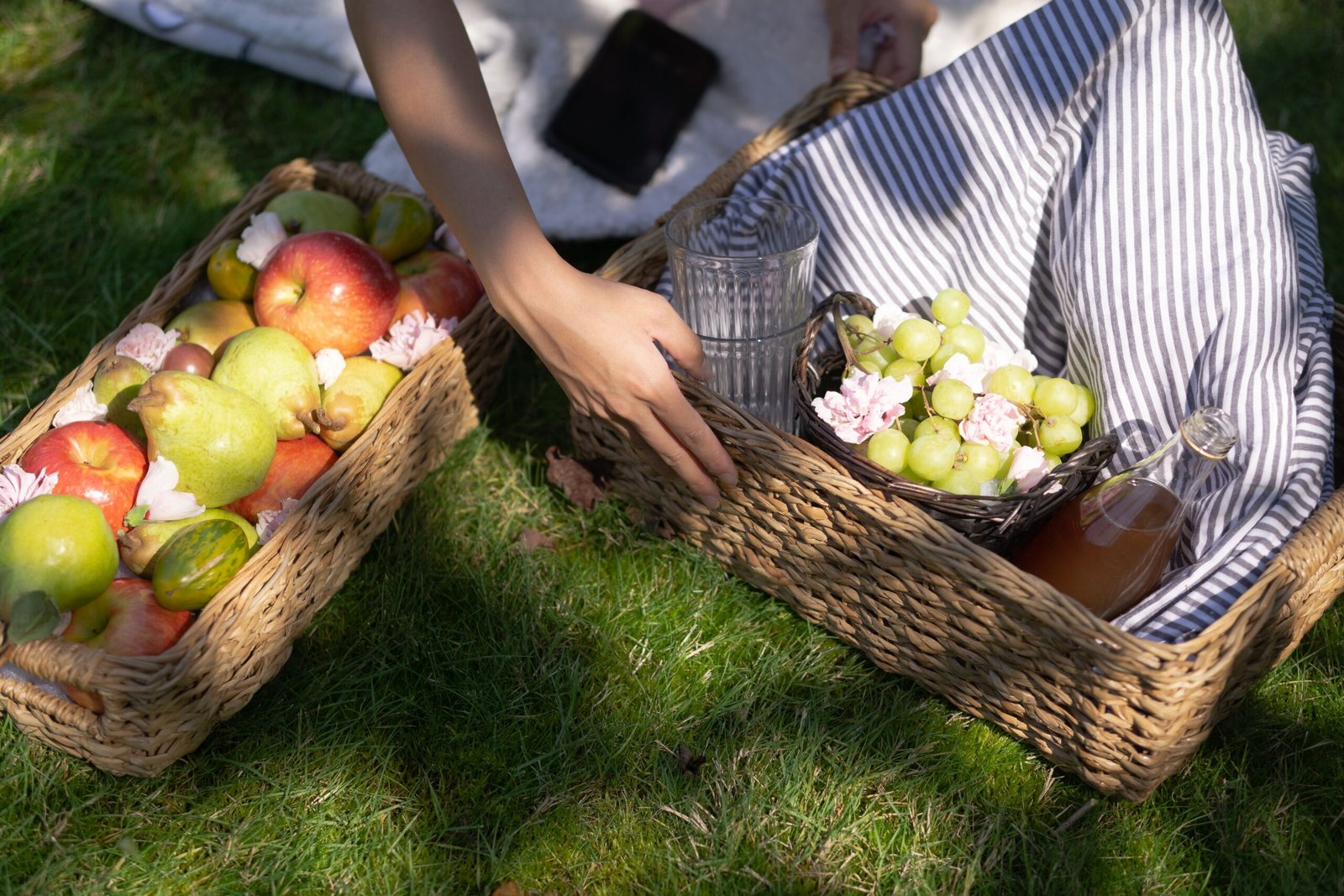 A vibrant outdoor picnic setup featuring baskets of apples, pears, and grapes on a grassy field.
